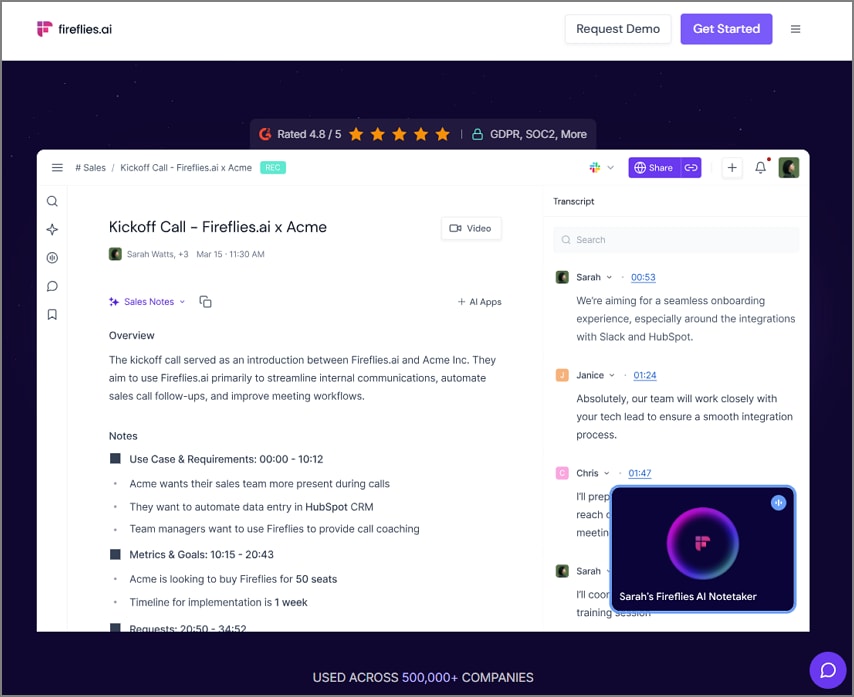 fireflies Notas de IA de reuniones de Zoom