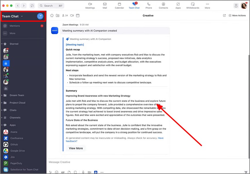 Acceso a la reunión de resumen de IA y al chat del equipo