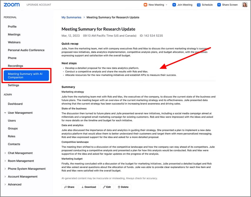 Resumen de la reunión con Zoom de asistente de IA
