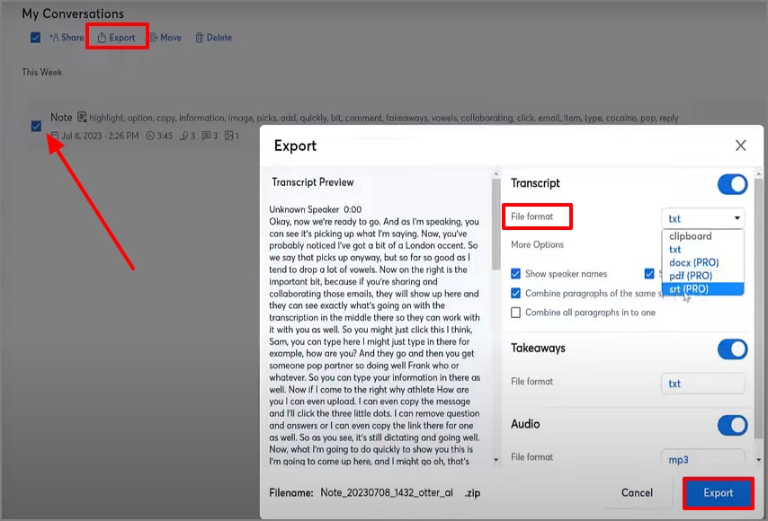 Exportar transcripciones desde Otter AI