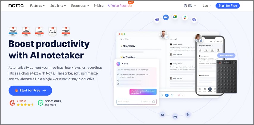 notta ai IA para tomar notas en reuniones