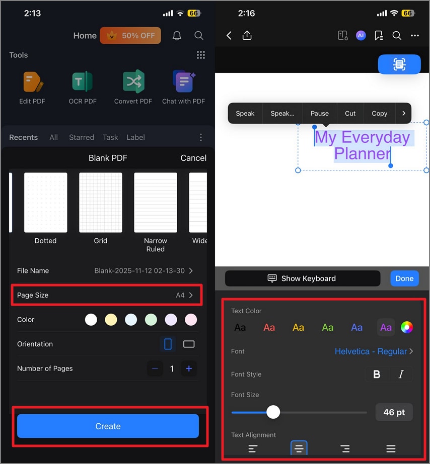 select page size and other attributes