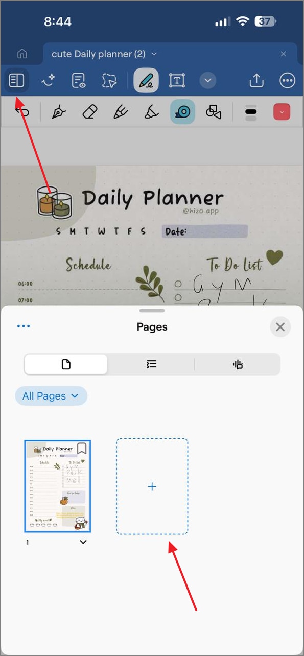 add new pages to planner