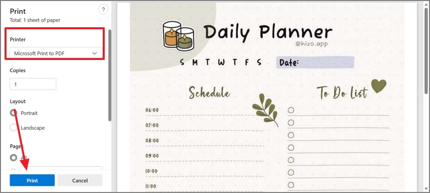 select print to pdf option
