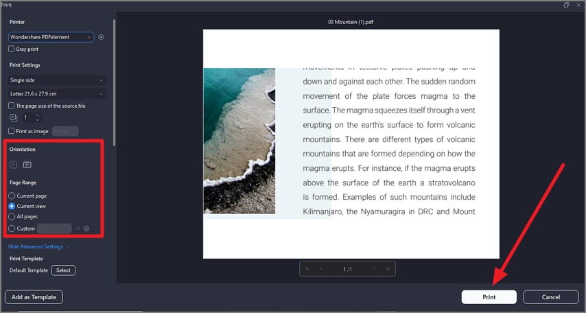 set orientation and print