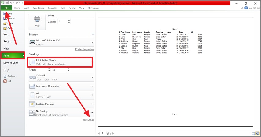 print active sheets on excel