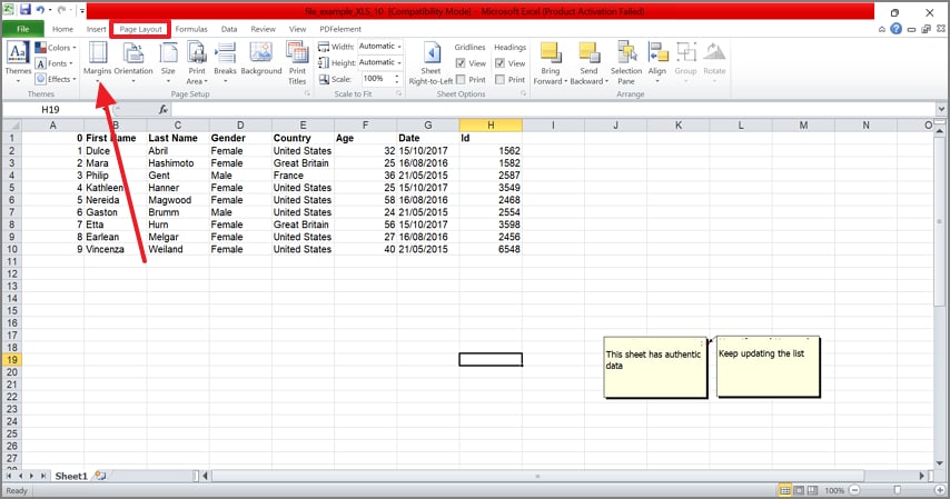 set page layout excel
