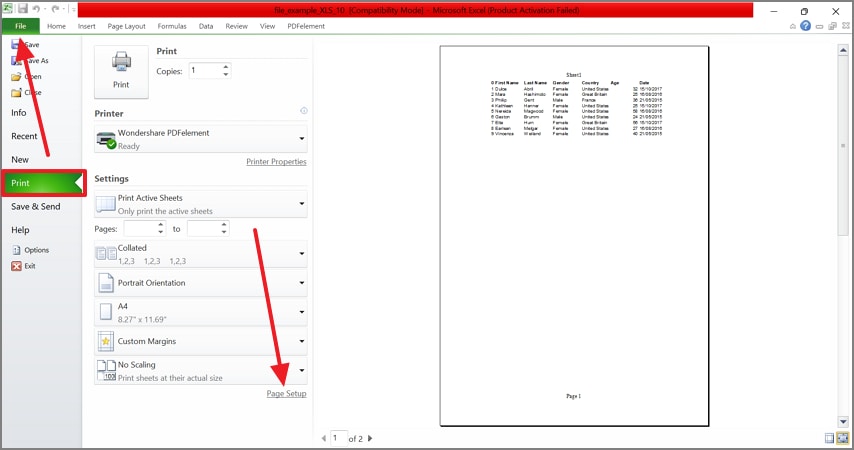 enter page setup on windows