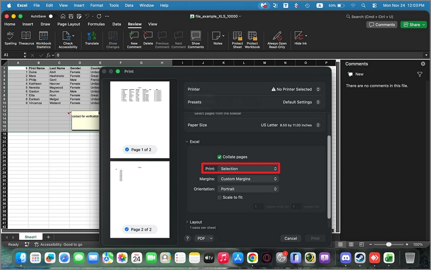 set print setting to selection