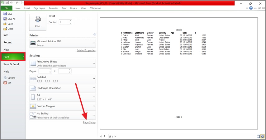 open page setup option