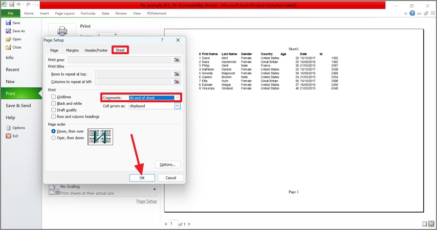 set comments at end of sheet
