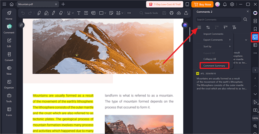 access the comment summary option