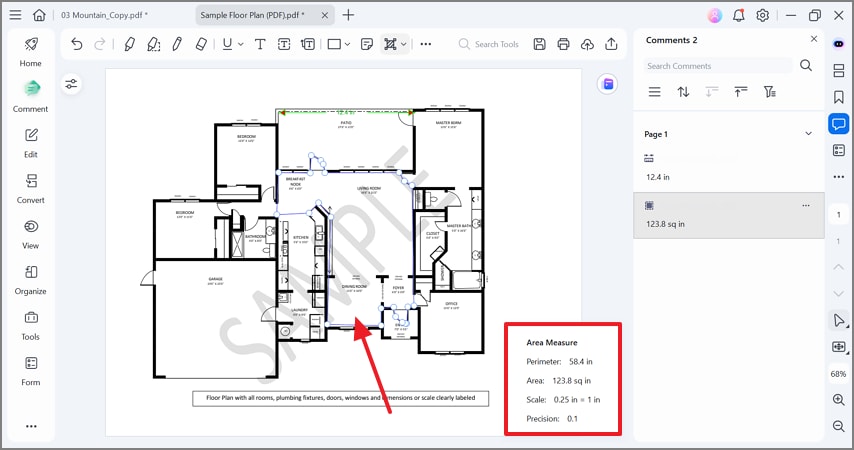 access area measure from the designated box