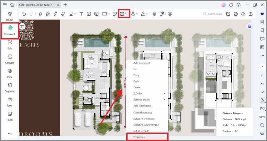use comment mode to measure distance