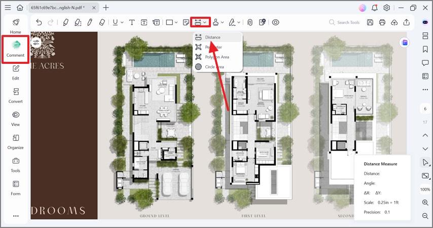 measure distance using comment mode
