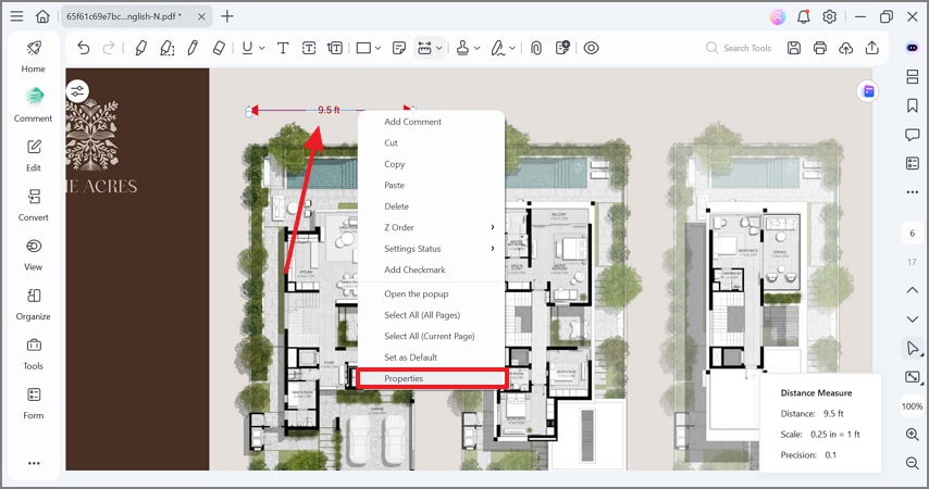 select properties option for measurement lines
