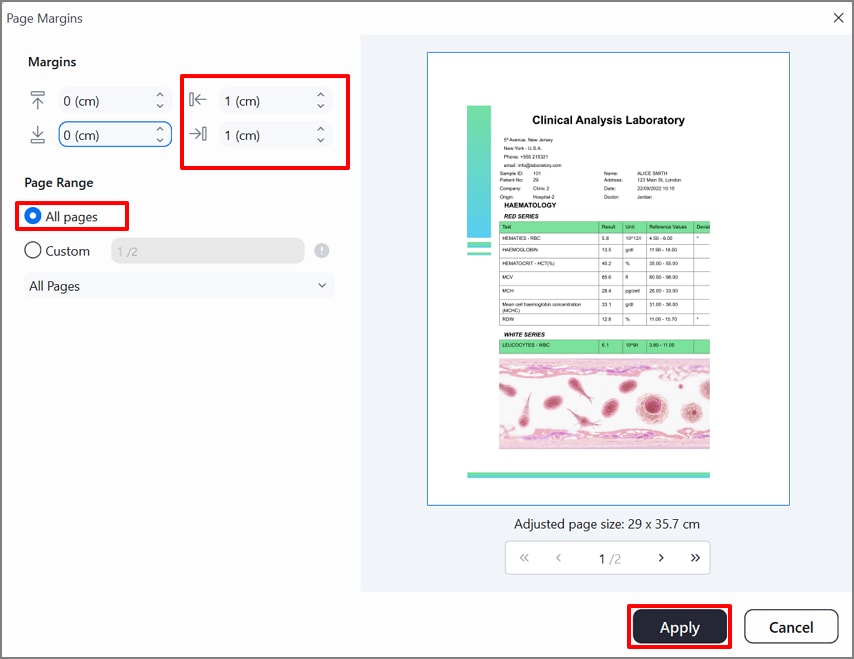 choose margin size to hit apply button