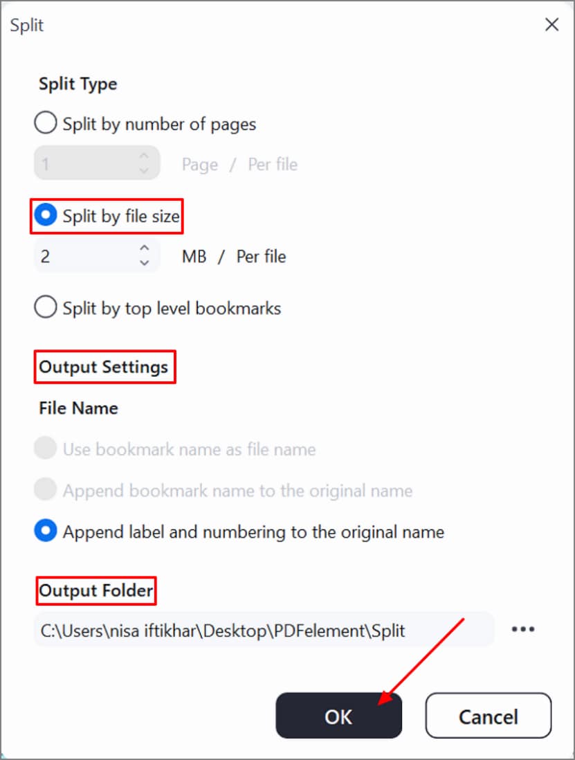 select output settings, hit okay button