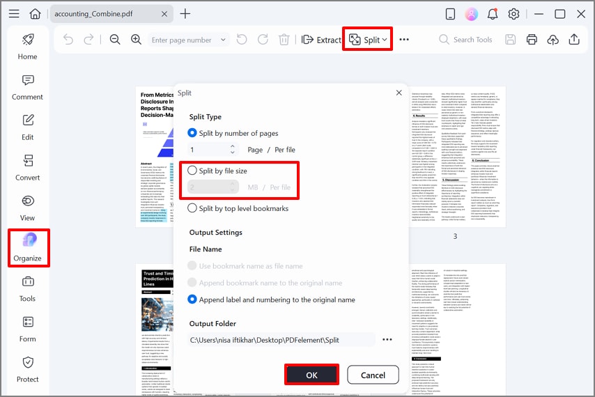 enable split by file size option