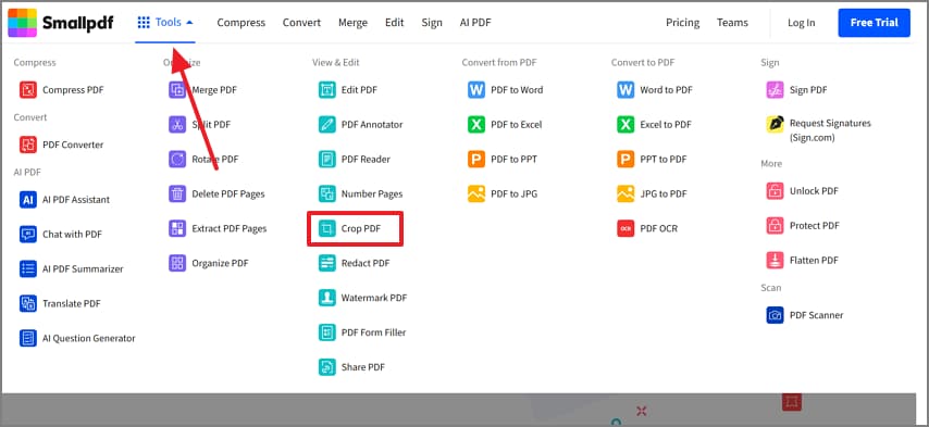 click crop pdf option smallpdf