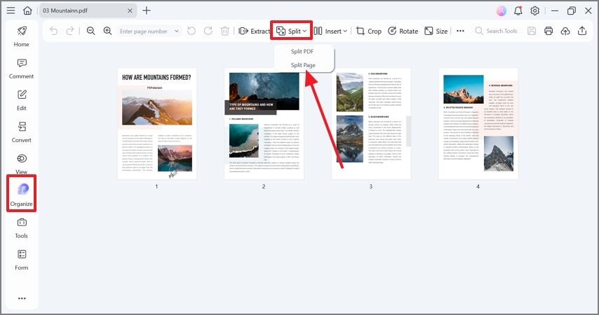 click split page in organize mode
