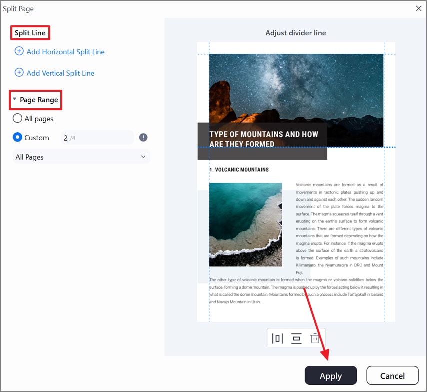 set split line and page range