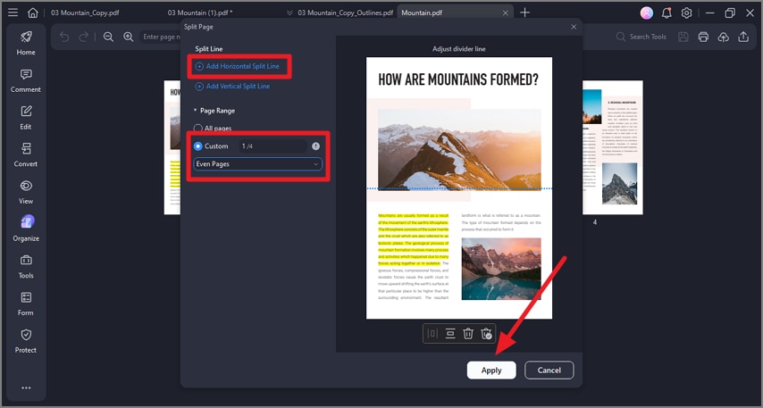 choose horizontal split page