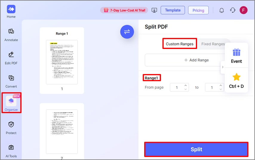 select desired range, click split button