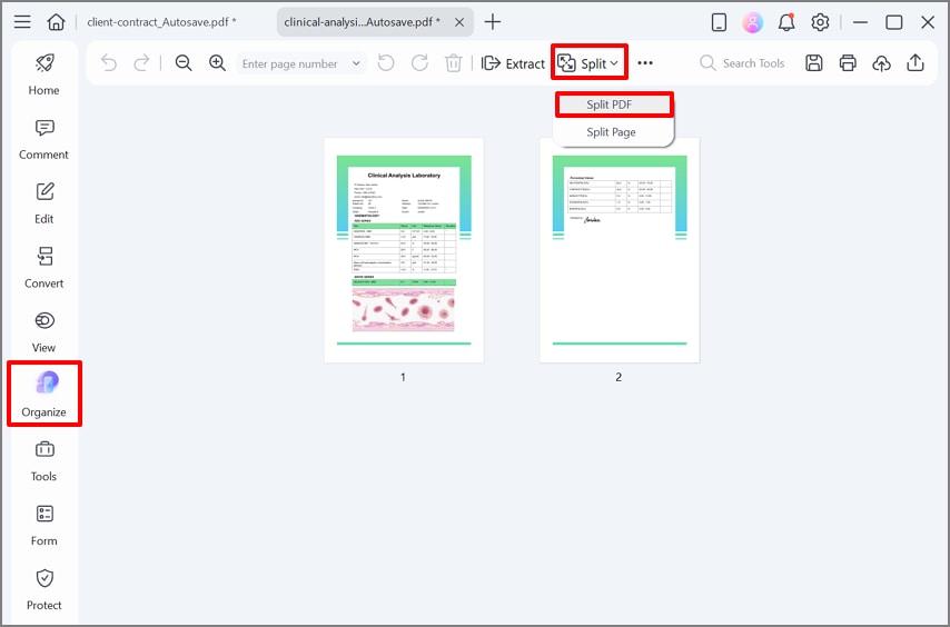 choose split pdf option in split menu