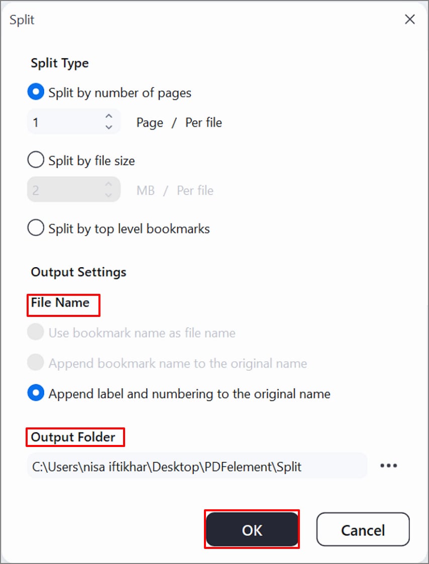 select desired output settings
