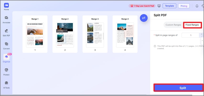 choose fixed range for split
