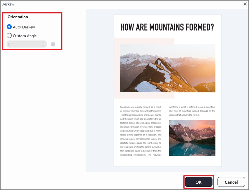 specify deskew settings