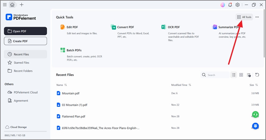 access all tools from pdfelement main page
