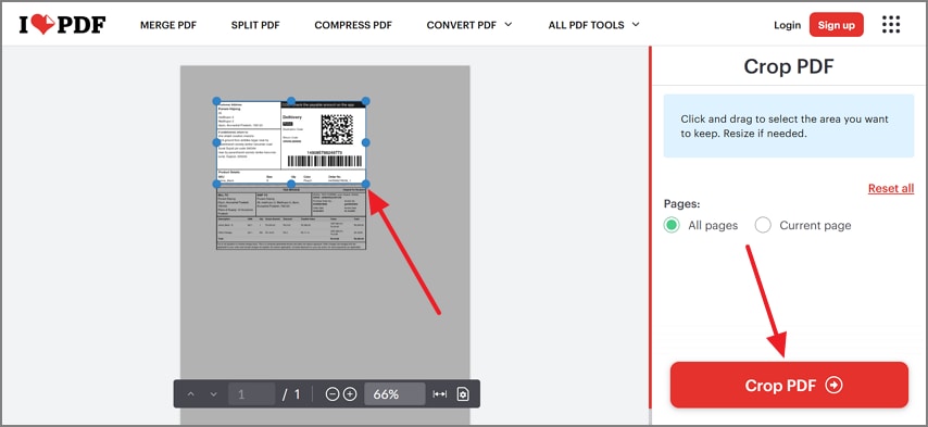 crop pdf label on ilovepdf