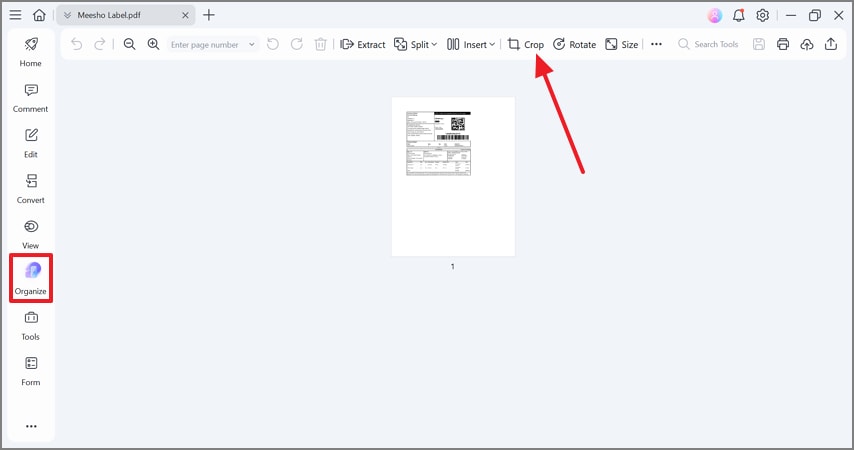 click crop in organize mode