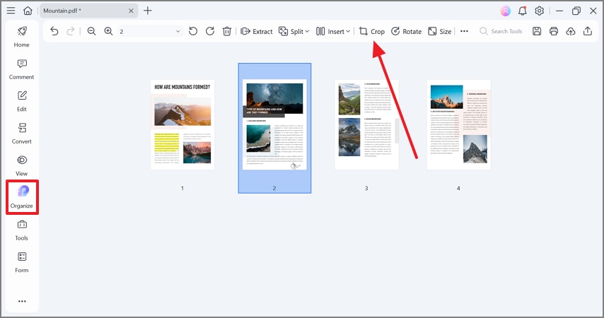 crop pages in organize mode