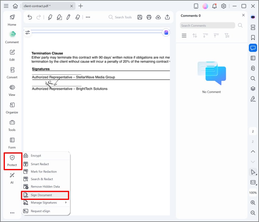 click protect menu and select sign document