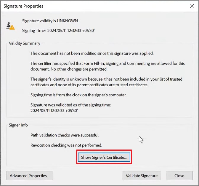 select the show signer's certificate button