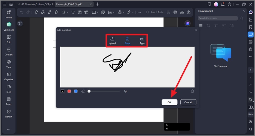 create signature press ok