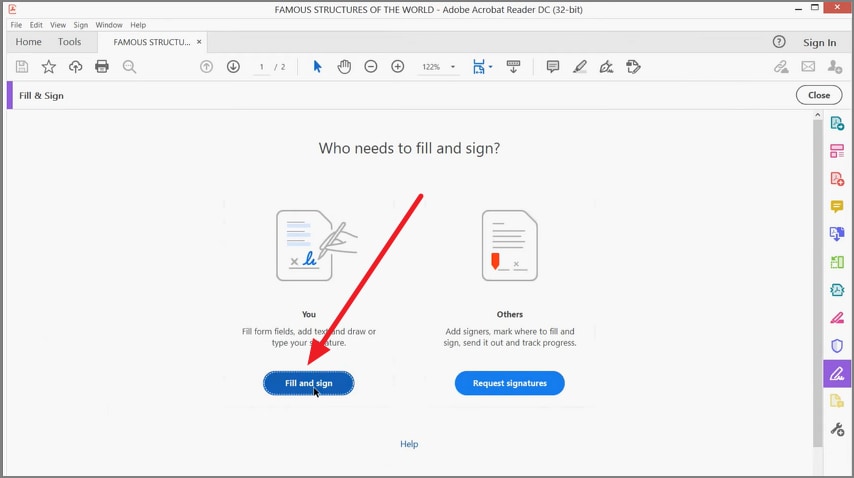 press fill and sign button