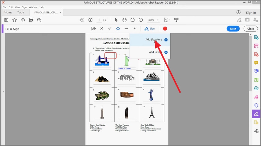 press add signature option