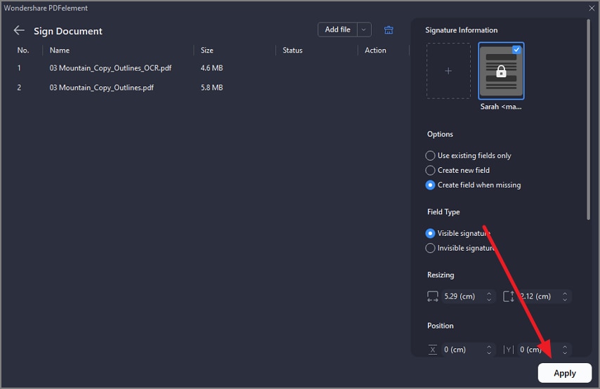 configure settings apply signature