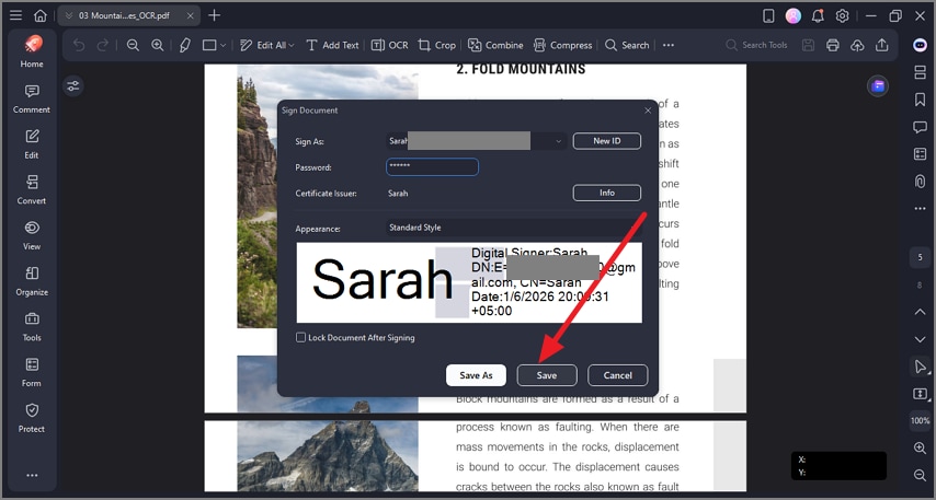 click save after adding sign