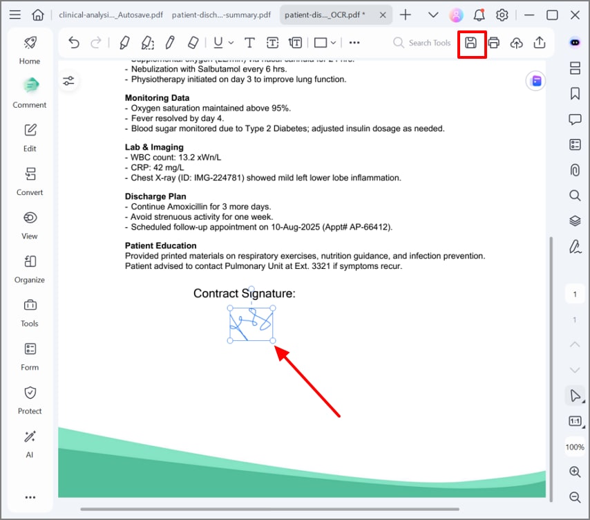 place the signature to save the file