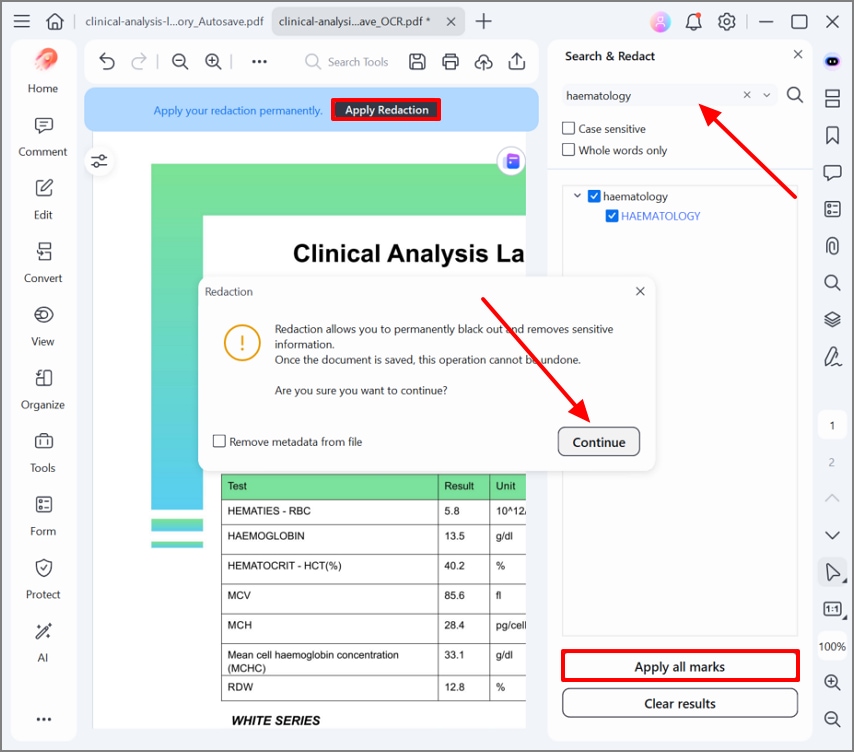 click on the apply redaction button