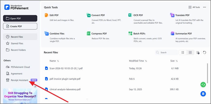 open receipt assistant on computer