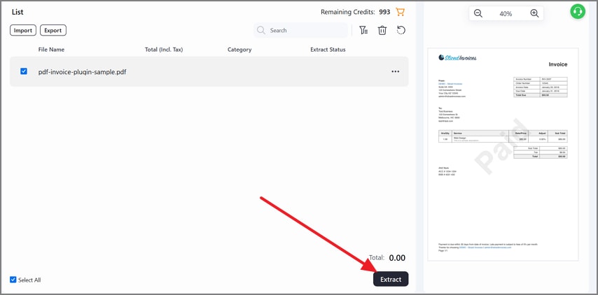 start invoice data extraction