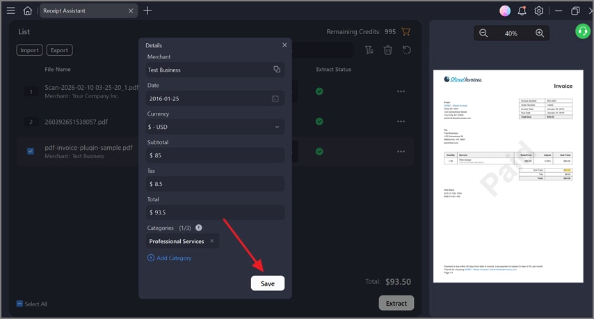 save the extracted details of invoice