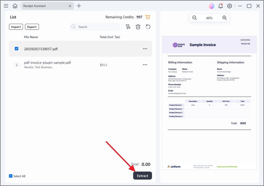 click on extract button to extract details