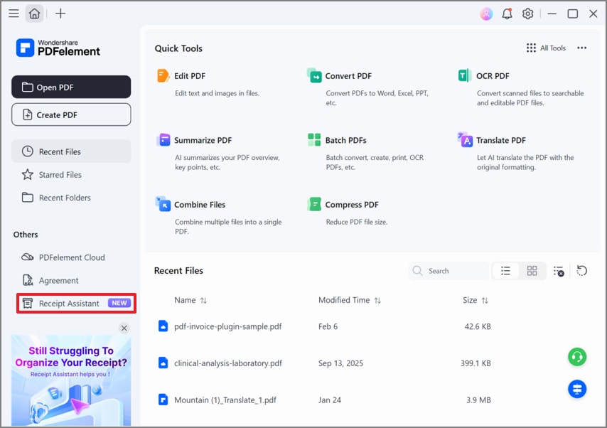 choose receipt assistant in pdfelement
